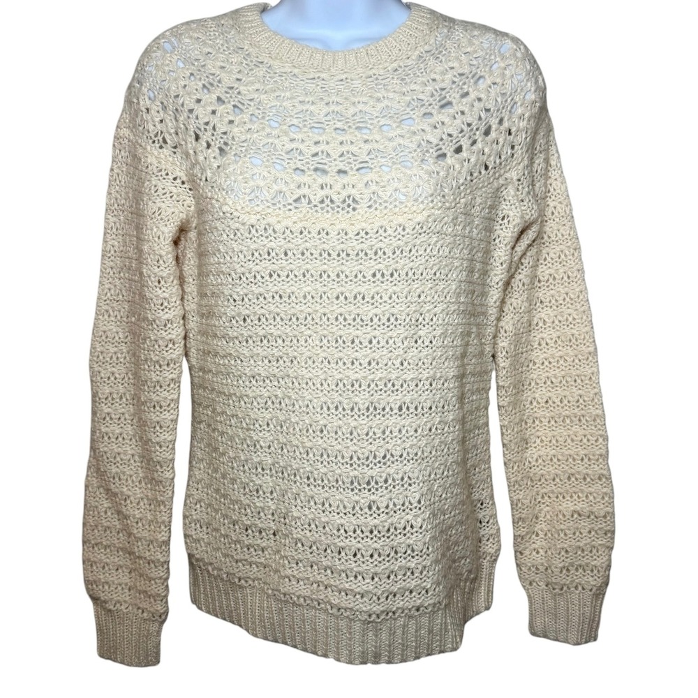 Lauren Ralph Lauren‎ Womens Petite PM Cream Alpaca Wool Open Knit Sweater Crew